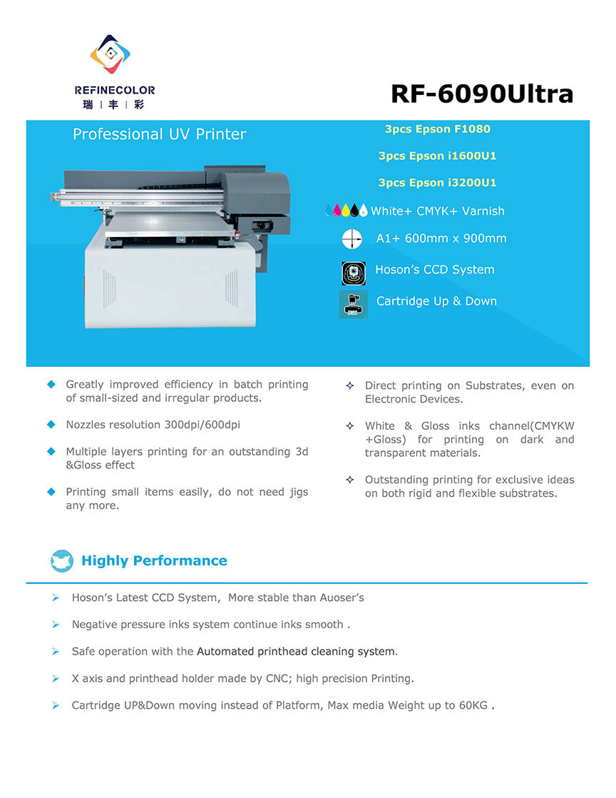Refinecolor 6090 Ultra UV DTF Printer Business Bundle Optional  Vision Positioning & 3 i3200U1 Printheads
